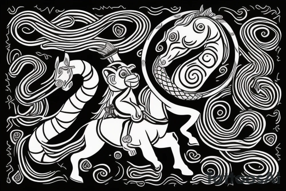 Small Monkey riding a horse with a snake as a whip tattoo idea