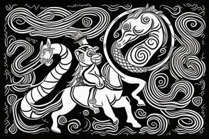 Small Monkey riding a horse with a snake as a whip tattoo idea
