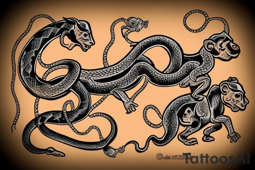 Small Monkey riding a horse with a snake as a whip tattoo idea