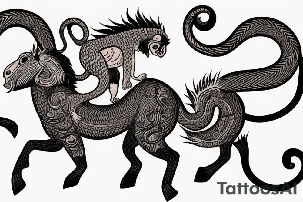 Small Monkey riding a horse, the monkey is holding a small cobra nake tattoo idea