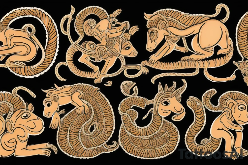 Small Monkey riding a horse, the monkey is holding a small cobra nake tattoo idea