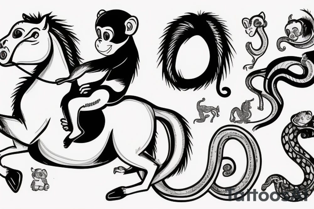 Baby monkey riding a horse , monkey holding a small snake tattoo idea