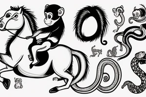 Baby monkey riding a horse , monkey holding a small snake tattoo idea