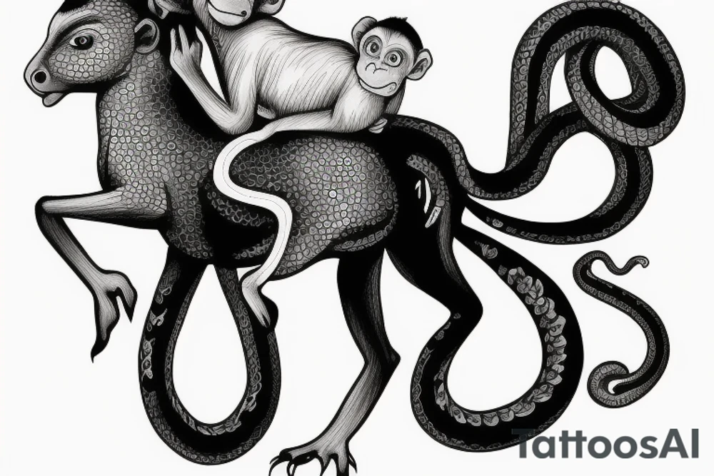 Baby monkey riding a horse , monkey holding a small snake tattoo idea