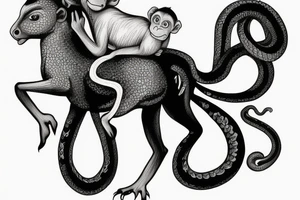 Baby monkey riding a horse , monkey holding a small snake tattoo idea