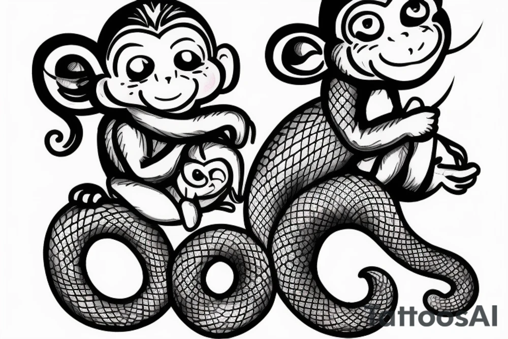 Baby monkey riding a horse , monkey holding a small snake tattoo idea