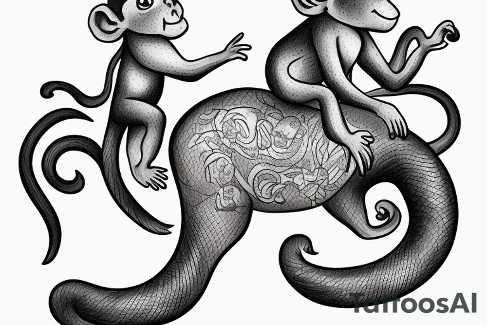 Baby monkey riding a horse , monkey holding a small snake tattoo idea