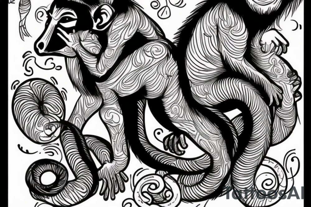 Baby monkey riding a horse , monkey holding a small snake tattoo idea