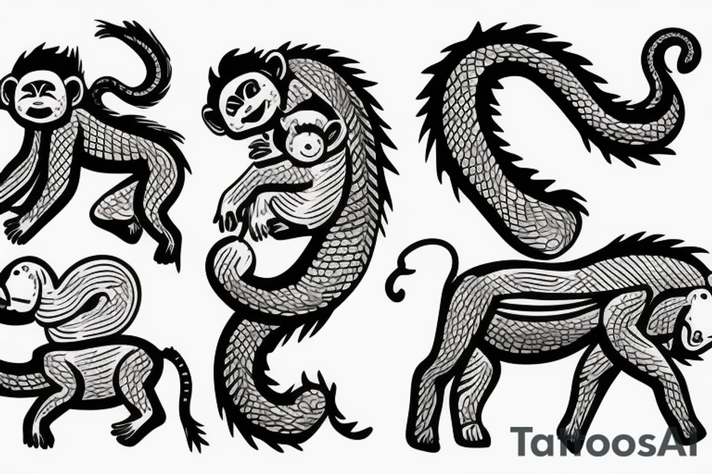 Baby monkey riding a horse , monkey holding a small snake tattoo idea