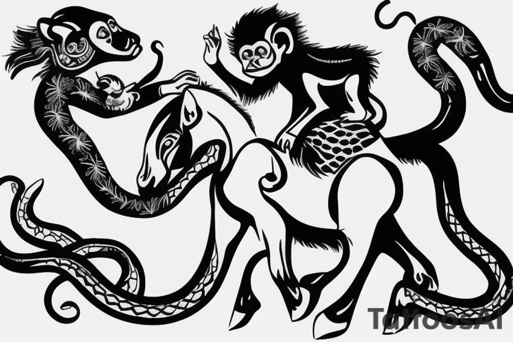 Baby monkey riding a horse , monkey holding a small snake tattoo idea