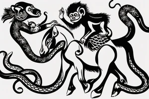 Baby monkey riding a horse , monkey holding a small snake tattoo idea