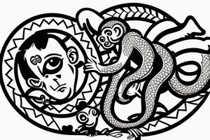 Baby monkey riding a horse , monkey holding a small snake tattoo idea