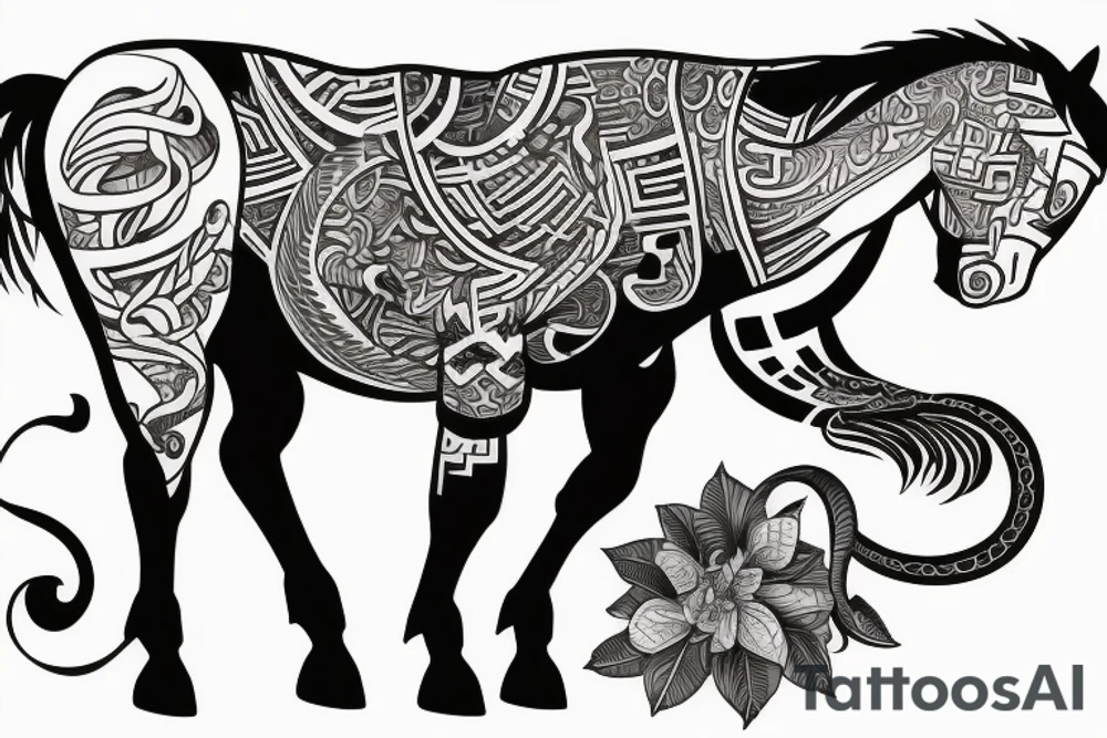 Samoan horse with a monkey riding on top holding a snake tattoo idea