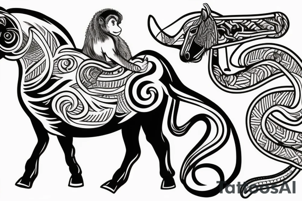 Samoan horse with a monkey riding on top holding a snake tattoo idea