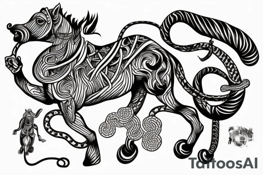 horse with a monkey riding on top holding a snake tattoo idea