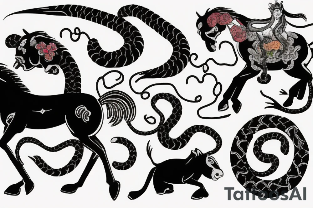 horse with a monkey riding on top holding a snake tattoo idea