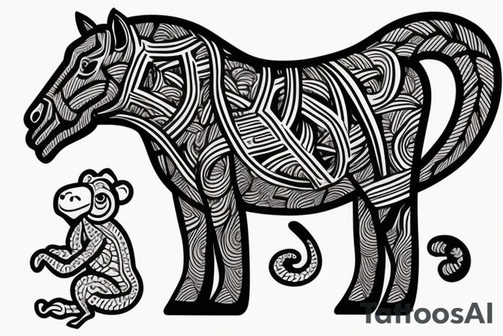 horse with a monkey riding on top holding a snake tattoo idea