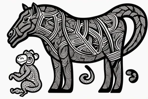 horse with a monkey riding on top holding a snake tattoo idea
