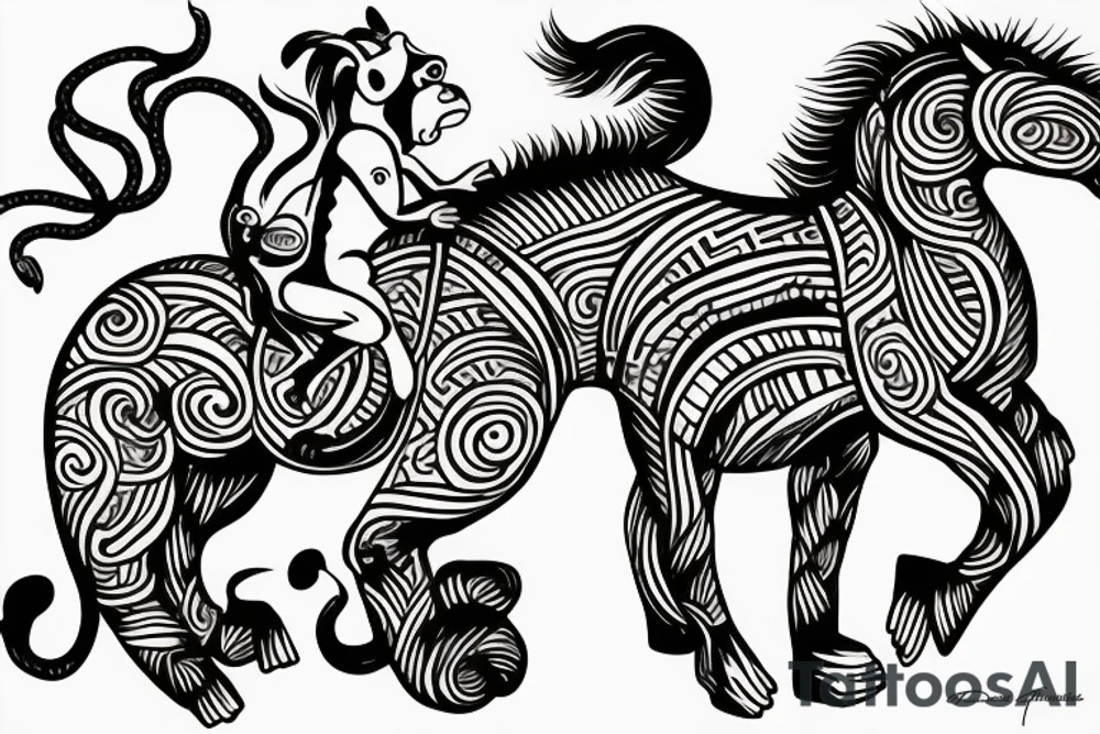 horse with a monkey riding on top holding a snake tattoo idea