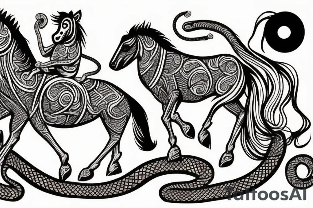 horse with a monkey riding on top holding a snake tattoo idea