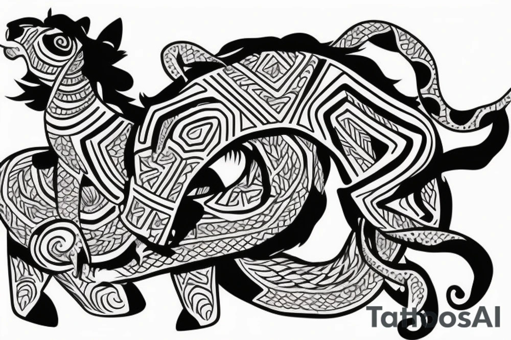 horse with a monkey riding on top holding a snake tattoo idea