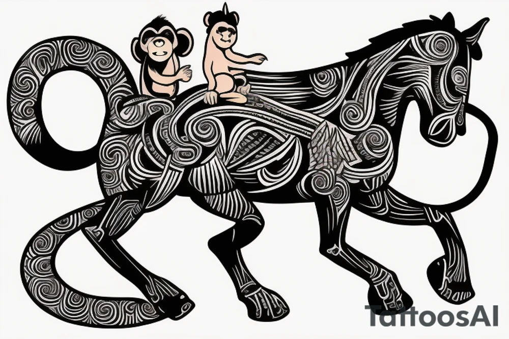 horse with a monkey riding on top holding a snake tattoo idea