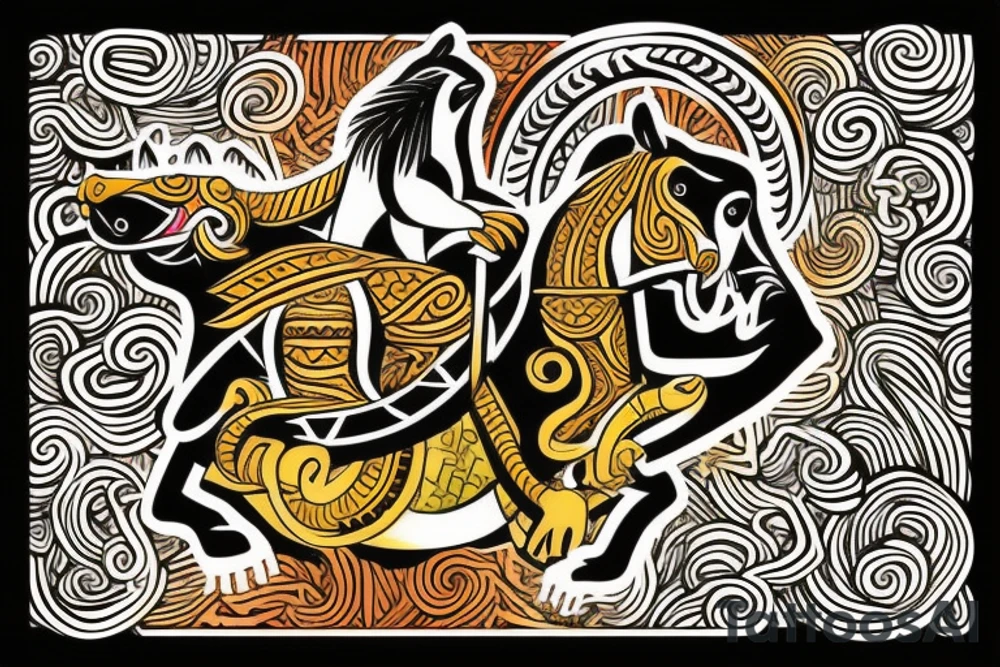horse with a monkey riding on top holding a snake in a Samoan style tattoo idea