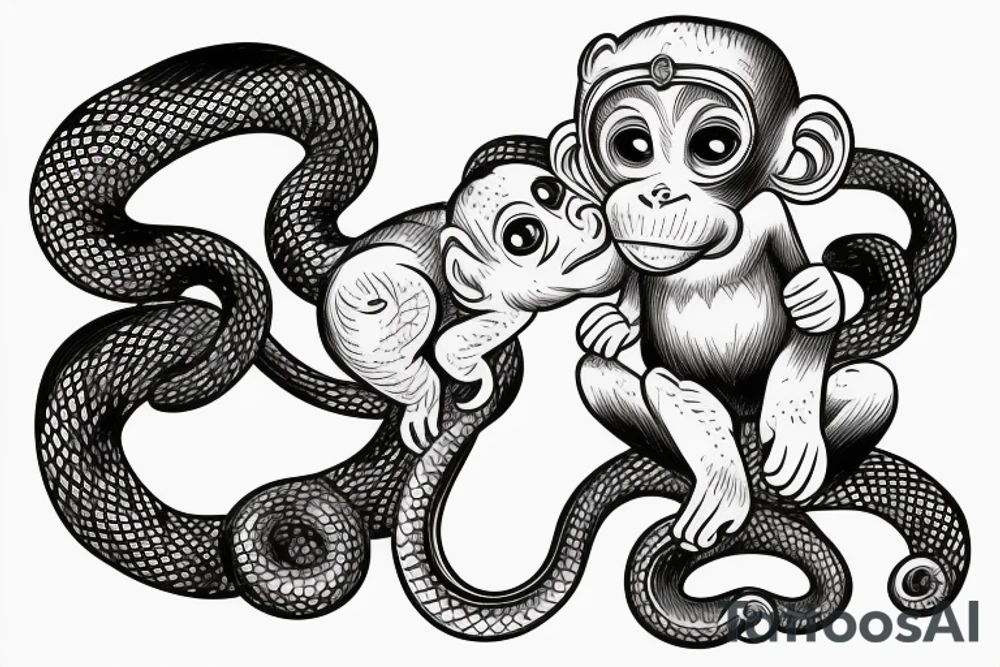 Baby monkey riding a horse swinging a snake in his hand tattoo idea