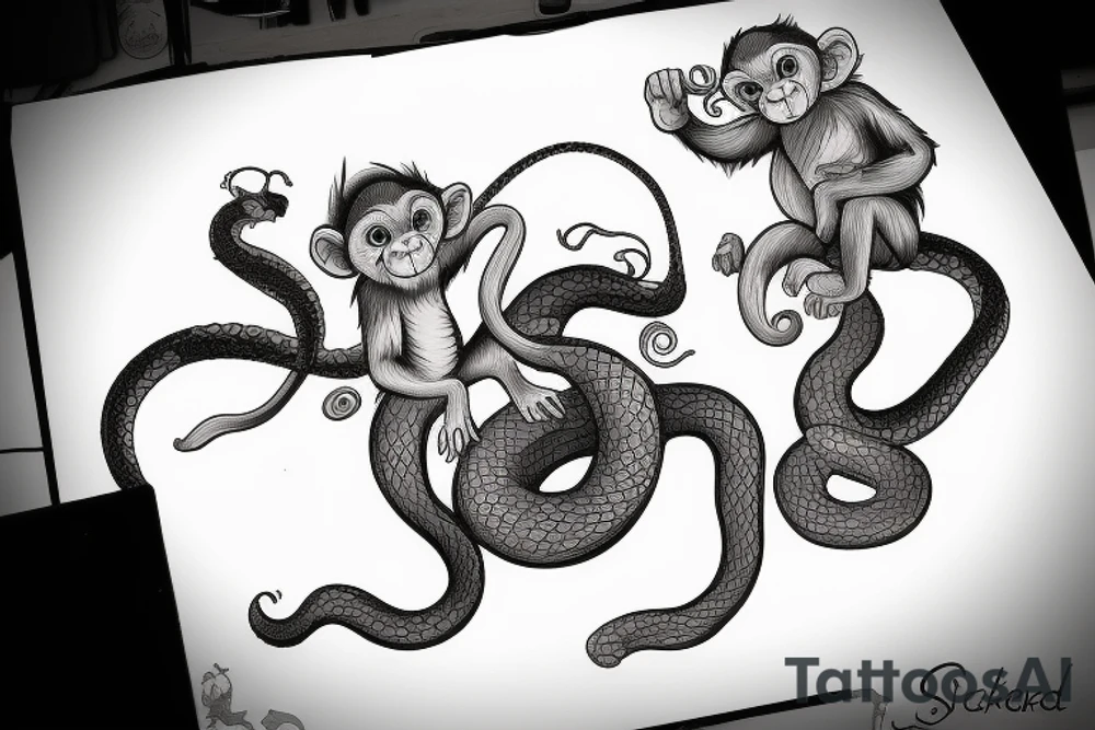 Baby monkey riding a horse swinging a snake in his hand tattoo idea