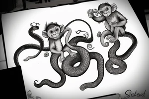 Baby monkey riding a horse swinging a snake in his hand tattoo idea