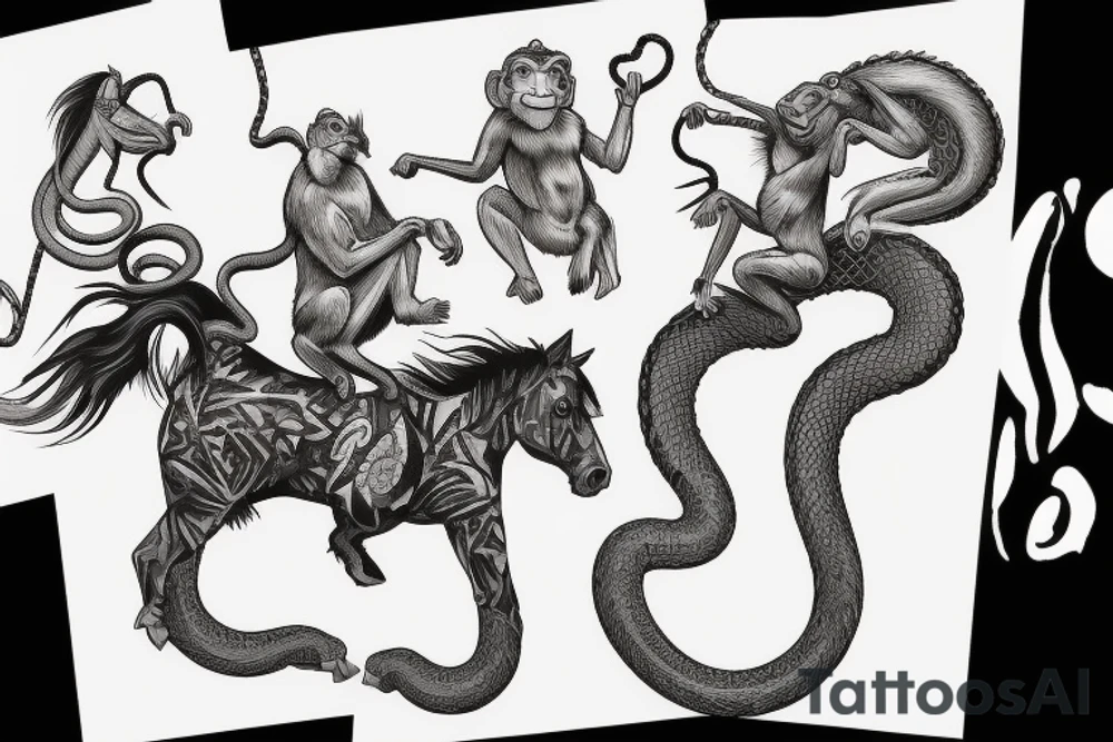 A horse with a monkey riding on top , the monkey is swinging a snake around tattoo idea