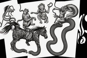 A horse with a monkey riding on top , the monkey is swinging a snake around tattoo idea