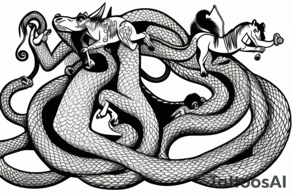 A horse with a monkey riding on top , the monkey is swinging a snake around tattoo idea