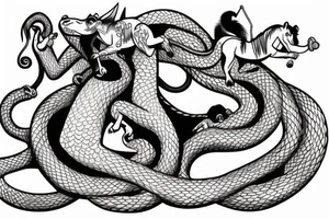 A horse with a monkey riding on top , the monkey is swinging a snake around tattoo idea