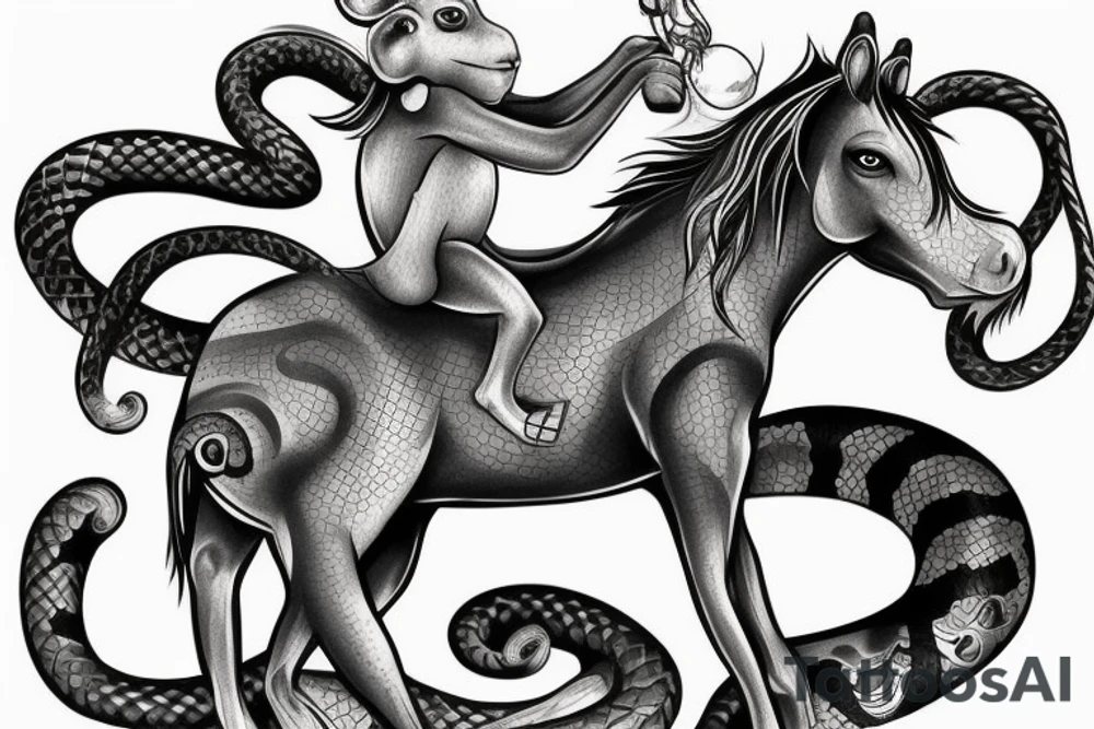 A horse with a monkey riding on top , the monkey is swinging a snake around tattoo idea