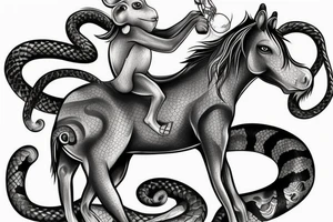 A horse with a monkey riding on top , the monkey is swinging a snake around tattoo idea