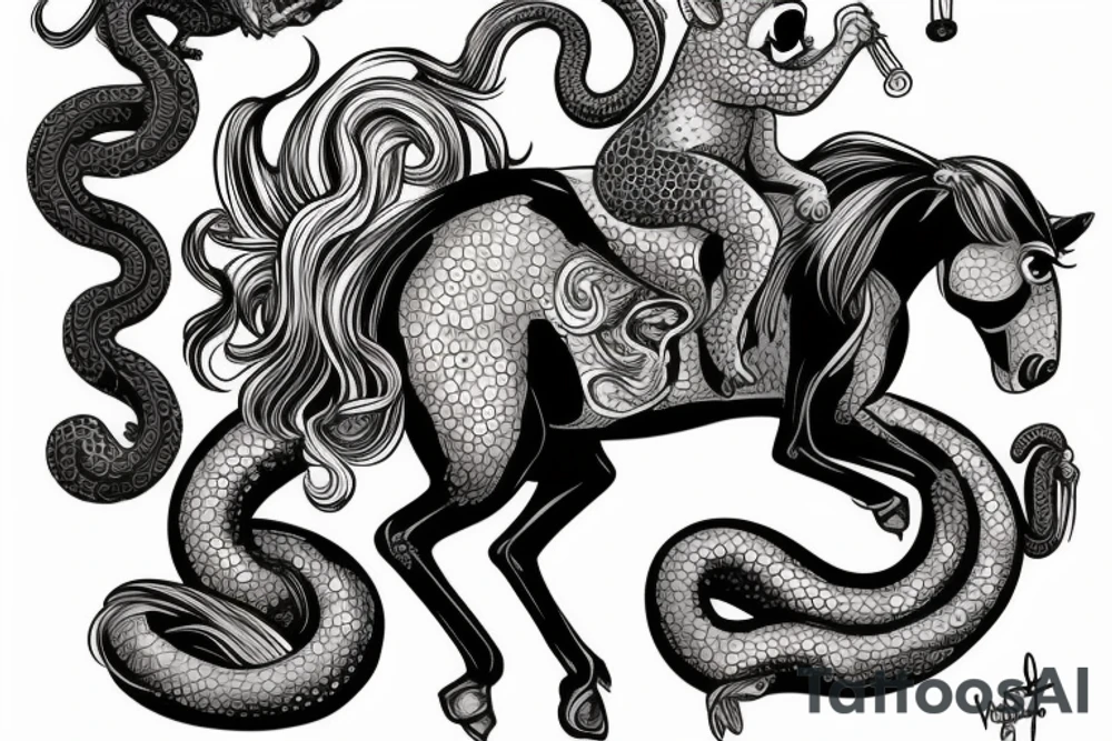 A horse with a monkey riding on top , the monkey is swinging a snake around tattoo idea