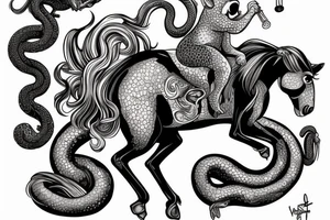 A horse with a monkey riding on top , the monkey is swinging a snake around tattoo idea