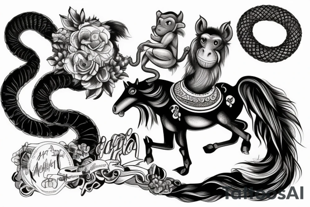 A horse with a monkey riding on top , the monkey is swinging a baby cobra snake around tattoo idea