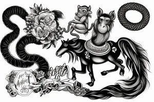 A horse with a monkey riding on top , the monkey is swinging a baby cobra snake around tattoo idea