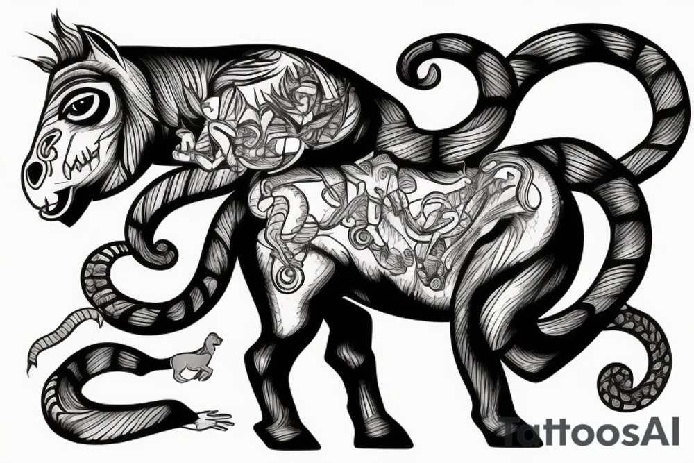 A horse with a monkey riding on top , the monkey is swinging a baby cobra snake around tattoo idea