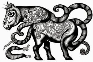 A horse with a monkey riding on top , the monkey is swinging a baby cobra snake around tattoo idea