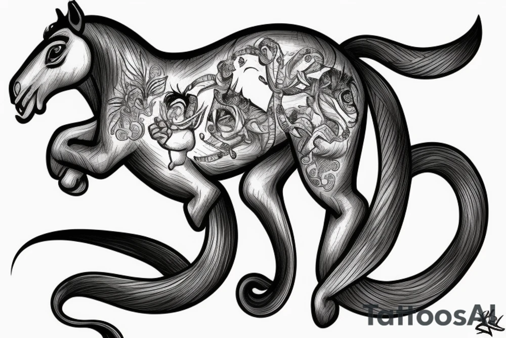 A horse with a monkey riding on top , the monkey is swinging a baby cobra snake around tattoo idea