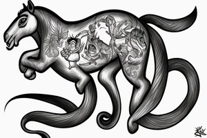 A horse with a monkey riding on top , the monkey is swinging a baby cobra snake around tattoo idea