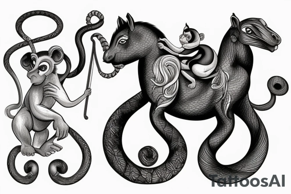 A horse with a monkey riding on top , the monkey is swinging a baby cobra snake around tattoo idea