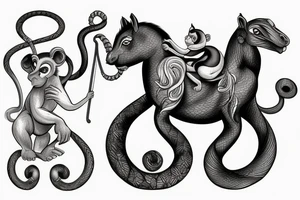 A horse with a monkey riding on top , the monkey is swinging a baby cobra snake around tattoo idea