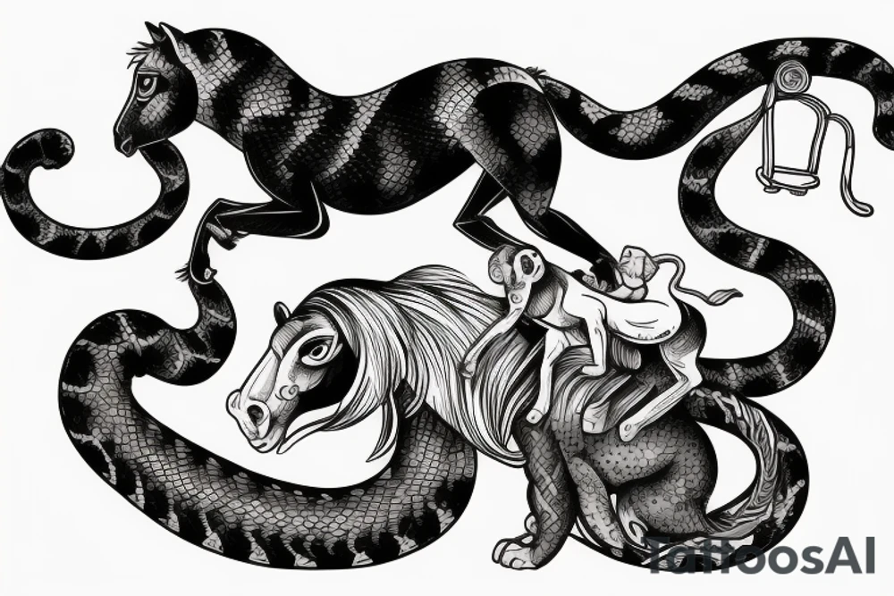 A horse with a monkey riding on top , the monkey is swinging a baby cobra snake around tattoo idea