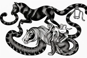 A horse with a monkey riding on top , the monkey is swinging a baby cobra snake around tattoo idea