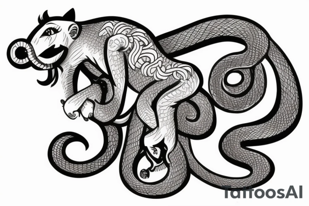 A horse with a monkey riding on top , the monkey is swinging a baby cobra snake around tattoo idea
