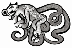 A horse with a monkey riding on top , the monkey is swinging a baby cobra snake around tattoo idea